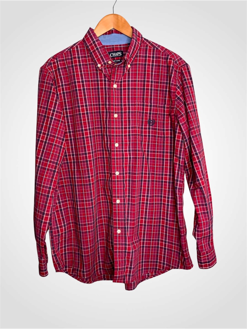 Chaps Men’s Red and Navy Plaid Button-Down Shirt - Large